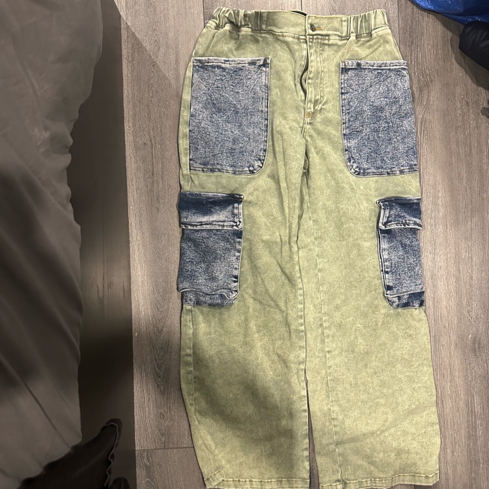 Fashion Nova Green and Blue Cargo Jeans